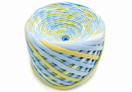 blue and yellow hand dyed T-shirt yarn. stretchy yarn for crochet
