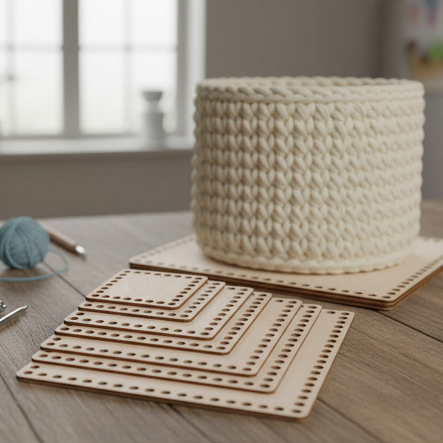 Woven basket and wooden pegboards on a wooden surface with a blurred background