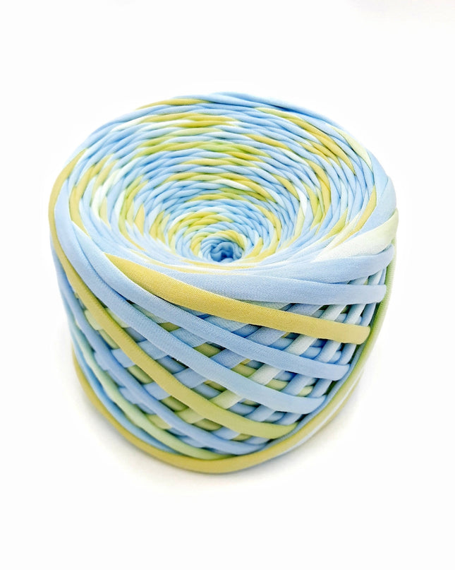 blue and yellow hand dyed T-shirt yarn. stretchy yarn for crochet