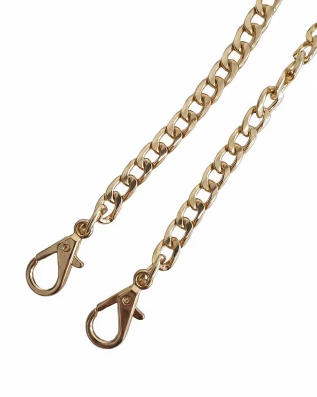 Gold chain with clasp on a light gray background