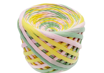 Hand dyed tshirt yarn gree yellow pink colour . 100 meters 7-9 mm thickness
