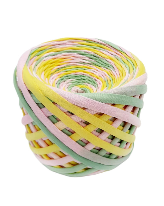 Hand dyed tshirt yarn gree yellow pink colour . 100 meters 7-9 mm thickness
