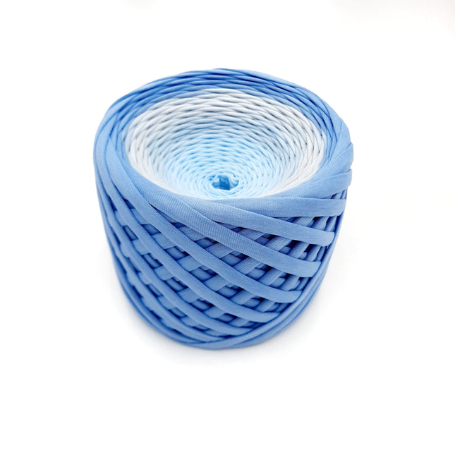 Blue grey dark blue hand dyed tshirt yarn.