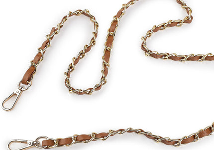 A brown leather and gold-tone metal chain strap with silver-toned swivel clasp ends, laid out on a plain white background.