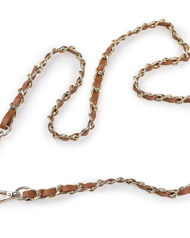 A brown leather and gold-tone metal chain strap with silver-toned swivel clasp ends, laid out on a plain white background.