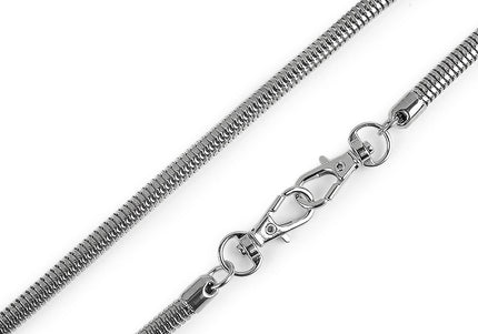 A close-up of a silver-toned snake chain necklace with a lobster clasp and ring, shown on a plain white background.