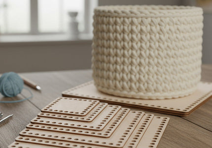 Woven basket and wooden pegboards on a wooden surface with a blurred background