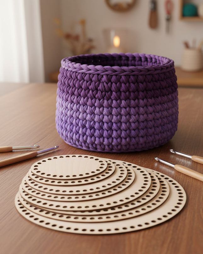 Purple woven basket on a wooden table with crochet hooks and circular wooden templates.