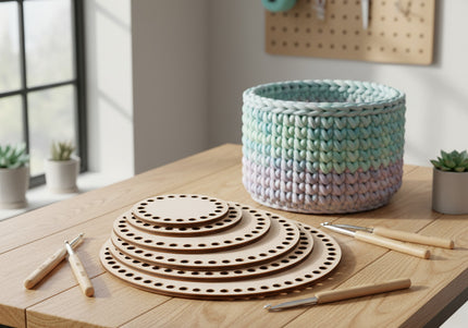 Woven basket and circular wooden tools on a wooden table with a pegboard in the background.