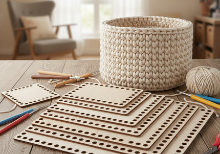 Wooden pegboards with holes on a wooden table, surrounded by tools and a woven basket.